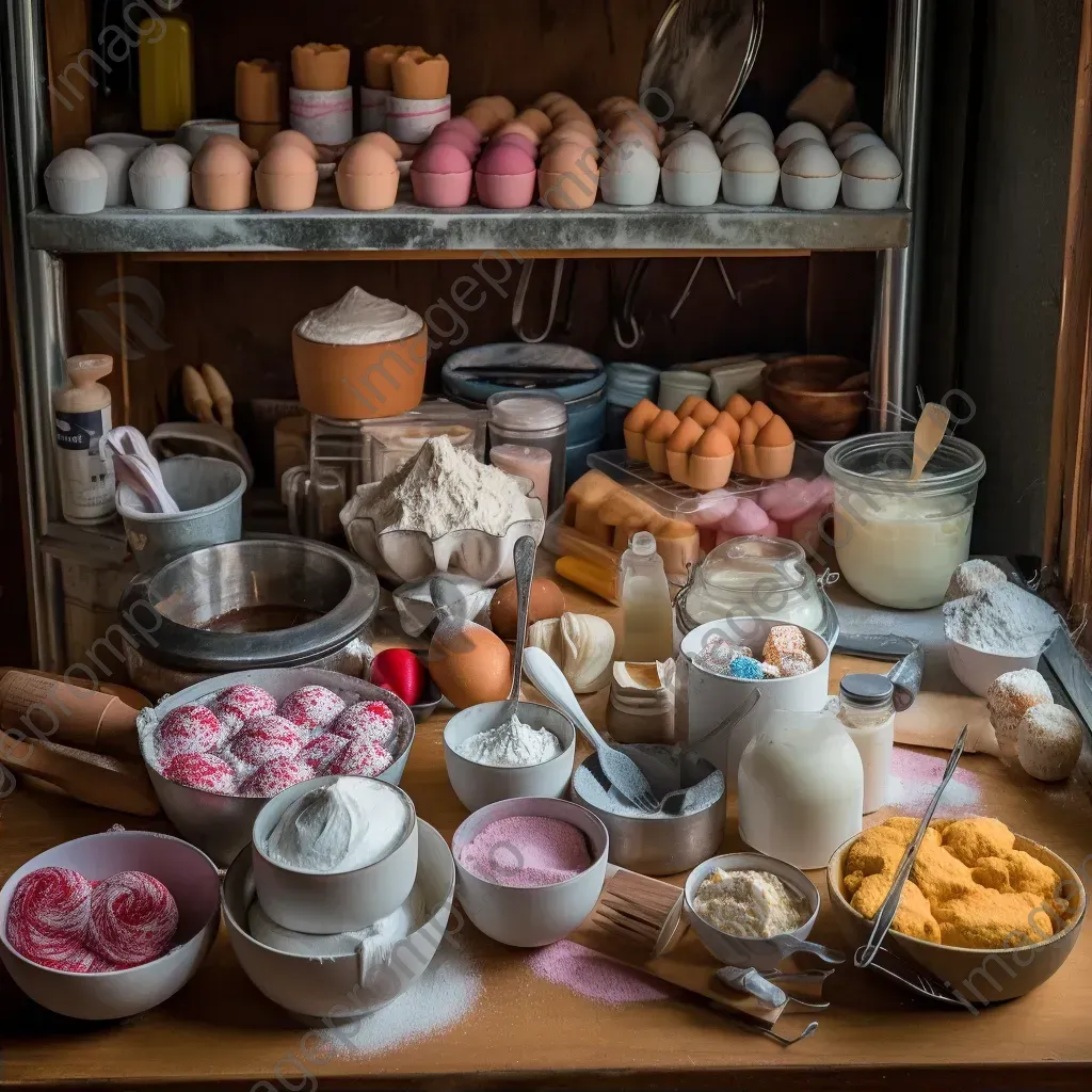 Top-down view of a baking station with ingredients and cake in progress - Image 2