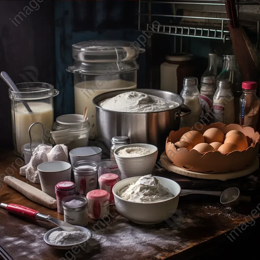 Top-down view of a baking station with ingredients and cake in progress - Image 3