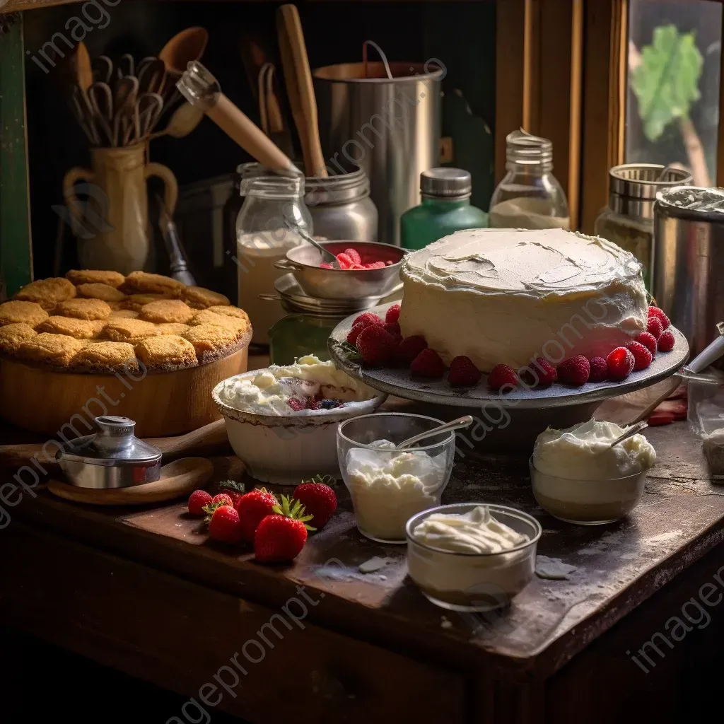 Top-down view of a baking station with ingredients and cake in progress - Image 4