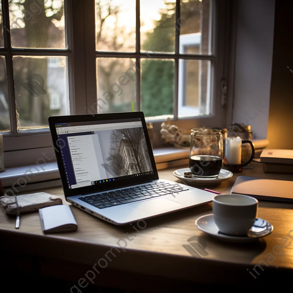 Clean workspace with laptop, notepad, and cup of tea - Image 1