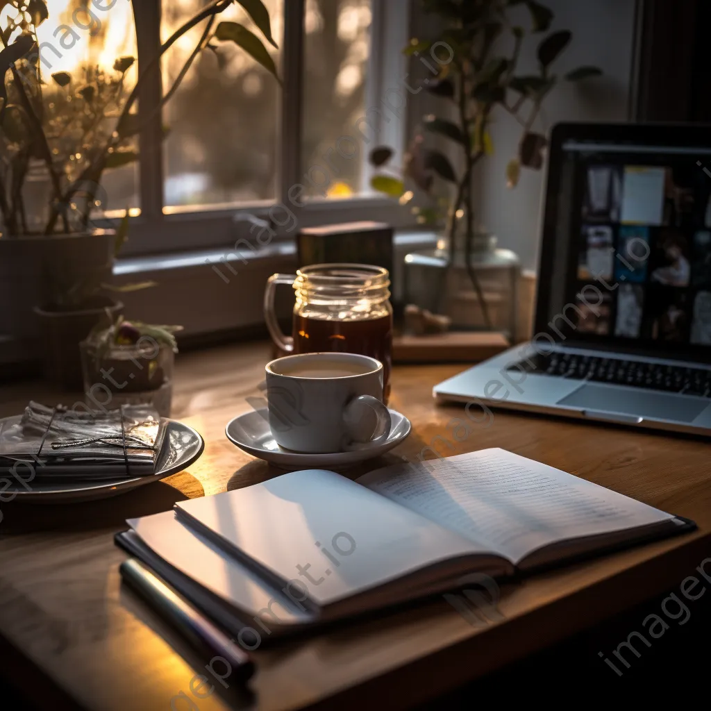 Clean workspace with laptop, notepad, and cup of tea - Image 2