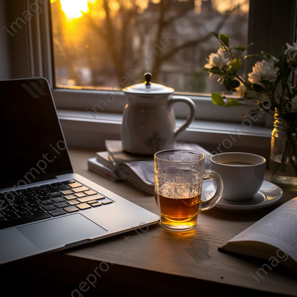 Clean workspace with laptop, notepad, and cup of tea - Image 3