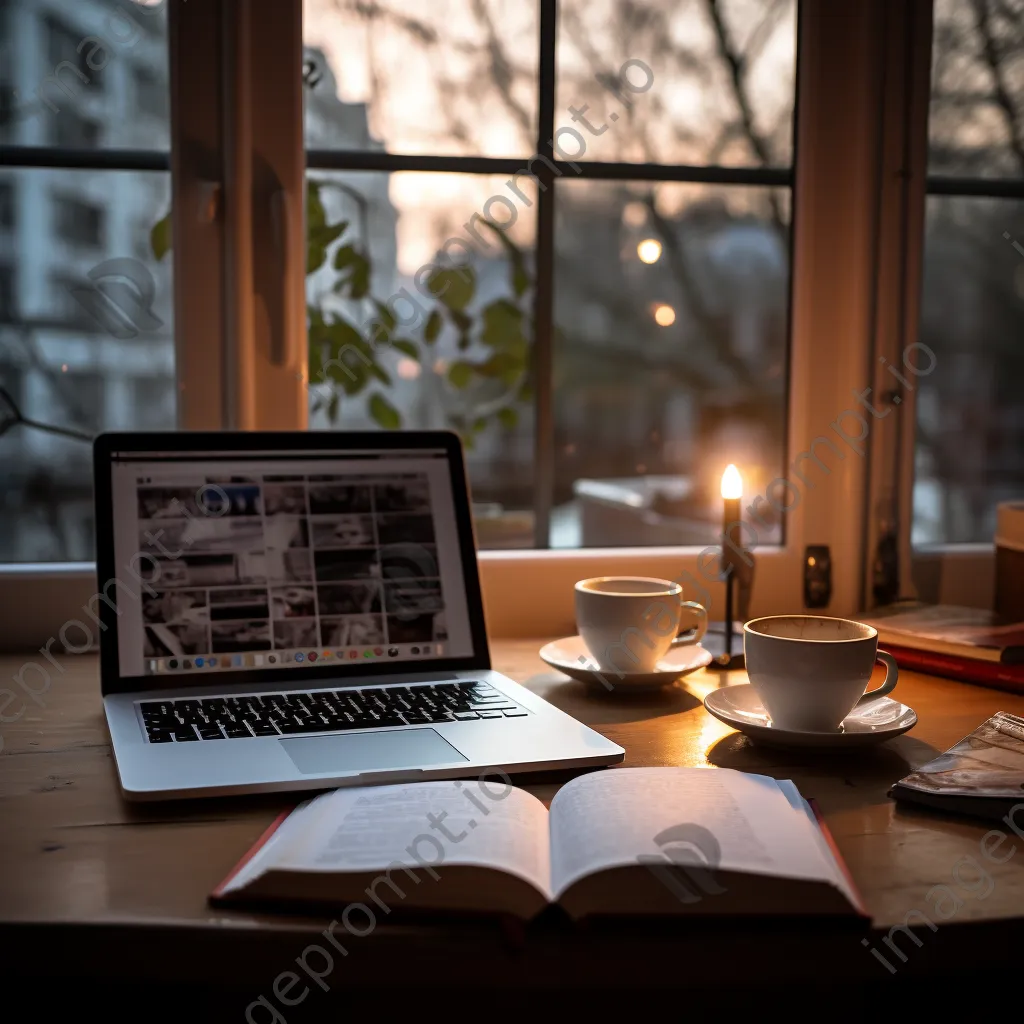 Clean workspace with laptop, notepad, and cup of tea - Image 4