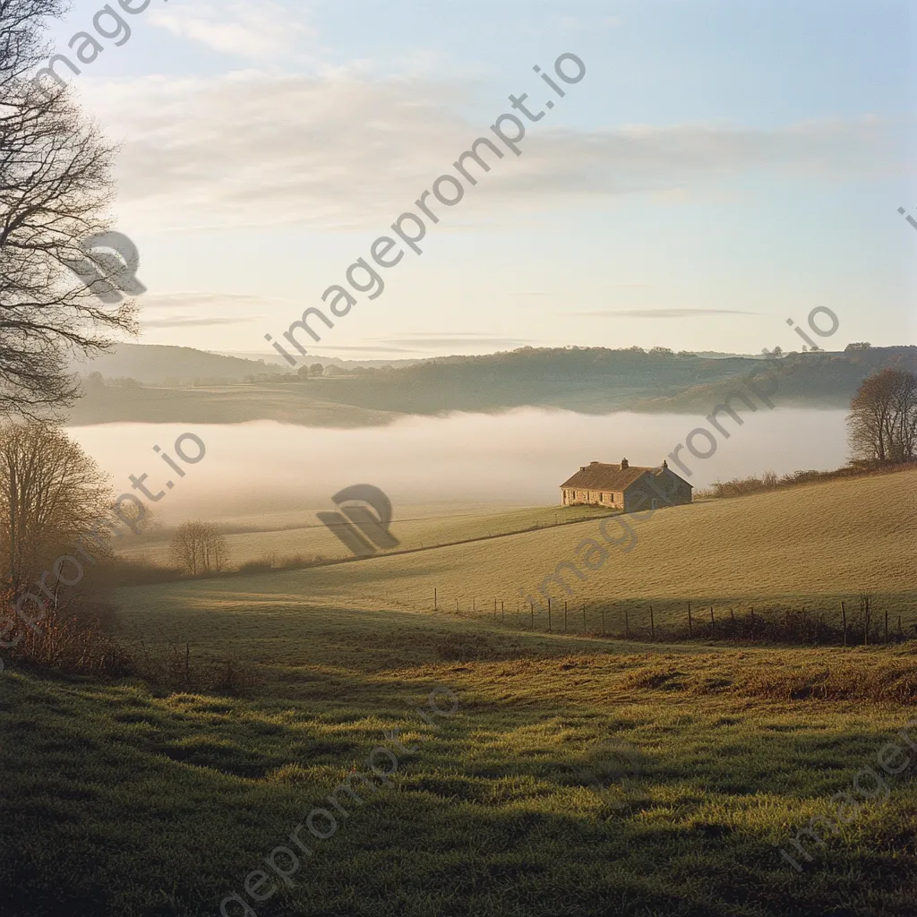 Fog-covered rural landscape with a farmhouse - Image 1