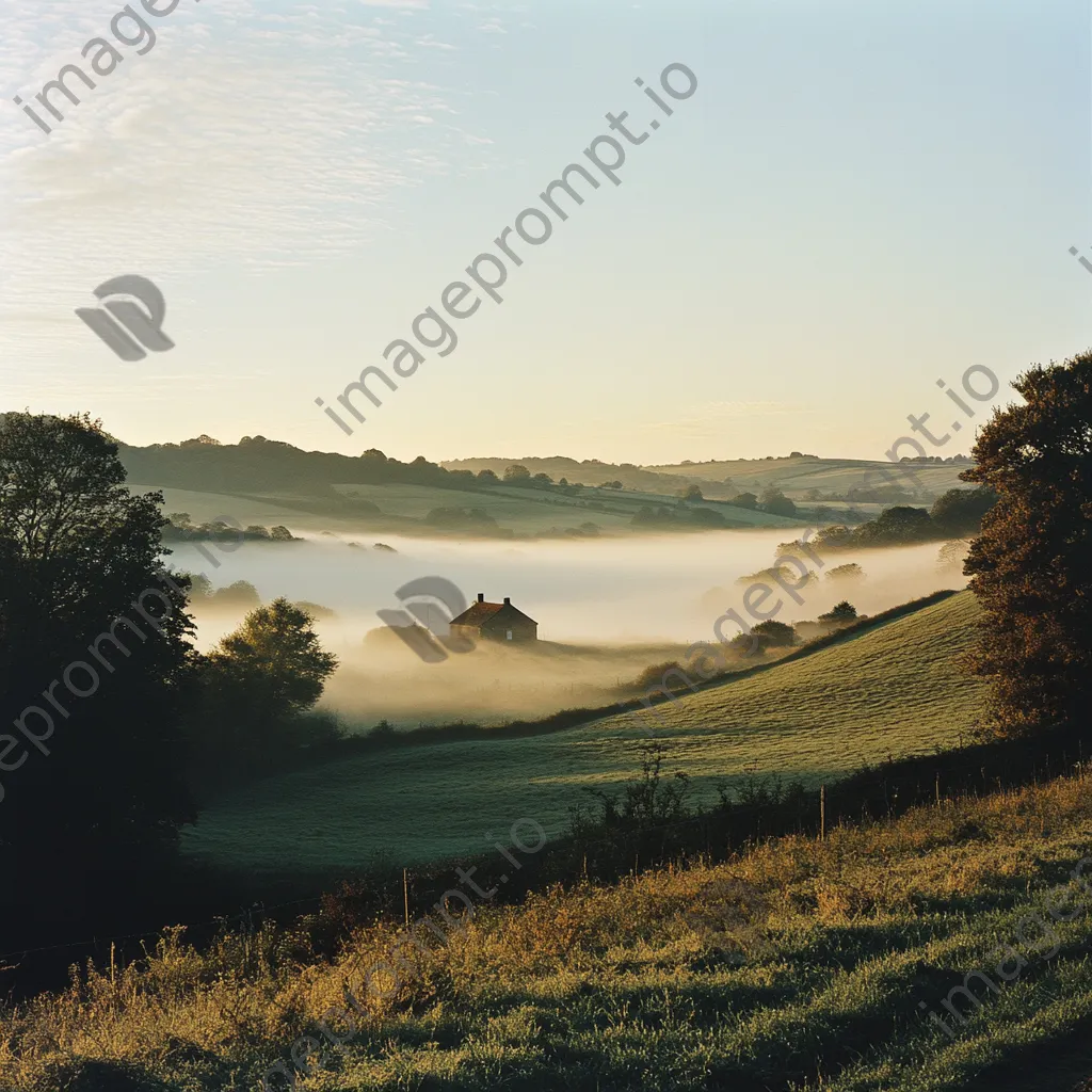 Fog-covered rural landscape with a farmhouse - Image 3