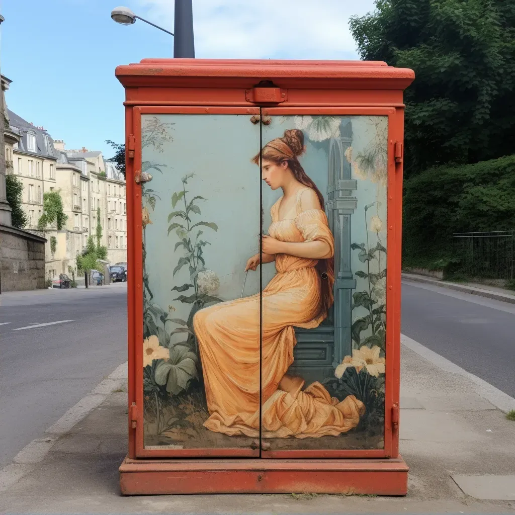 Utility box on a city street creatively painted to blend in or stand out with bright colors - Image 2