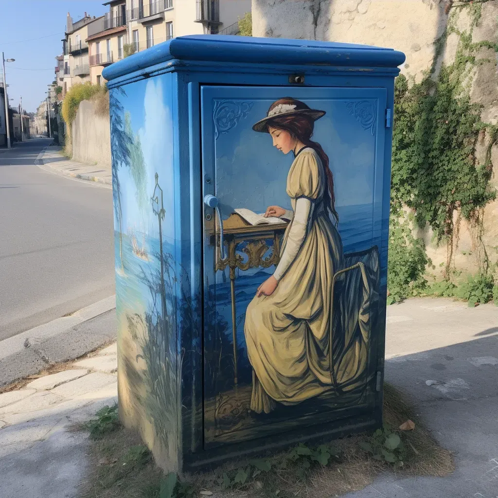 Utility box on a city street creatively painted to blend in or stand out with bright colors - Image 3