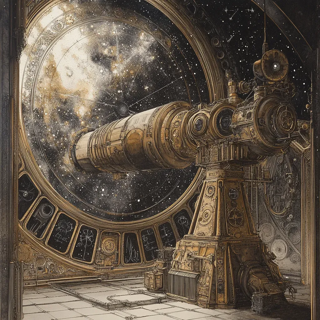 Intricate etching of a steampunk observatory with complex gears and optics pointing towards the stars - Image 3