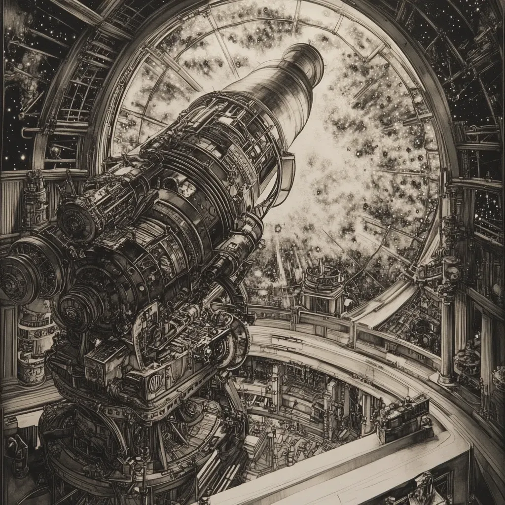 Intricate etching of a steampunk observatory with complex gears and optics pointing towards the stars - Image 4