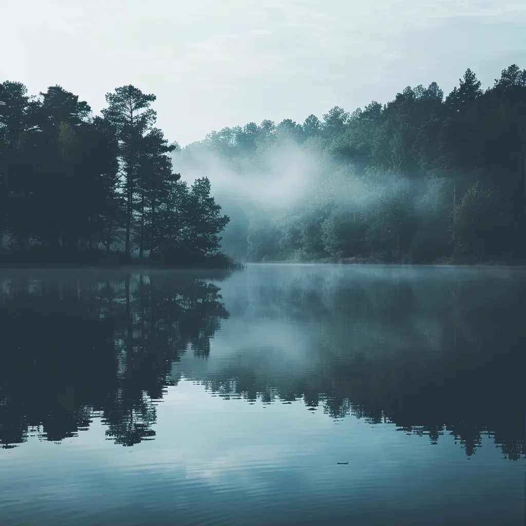 Ethereal mist over tranquil lake in black and white - Image 1