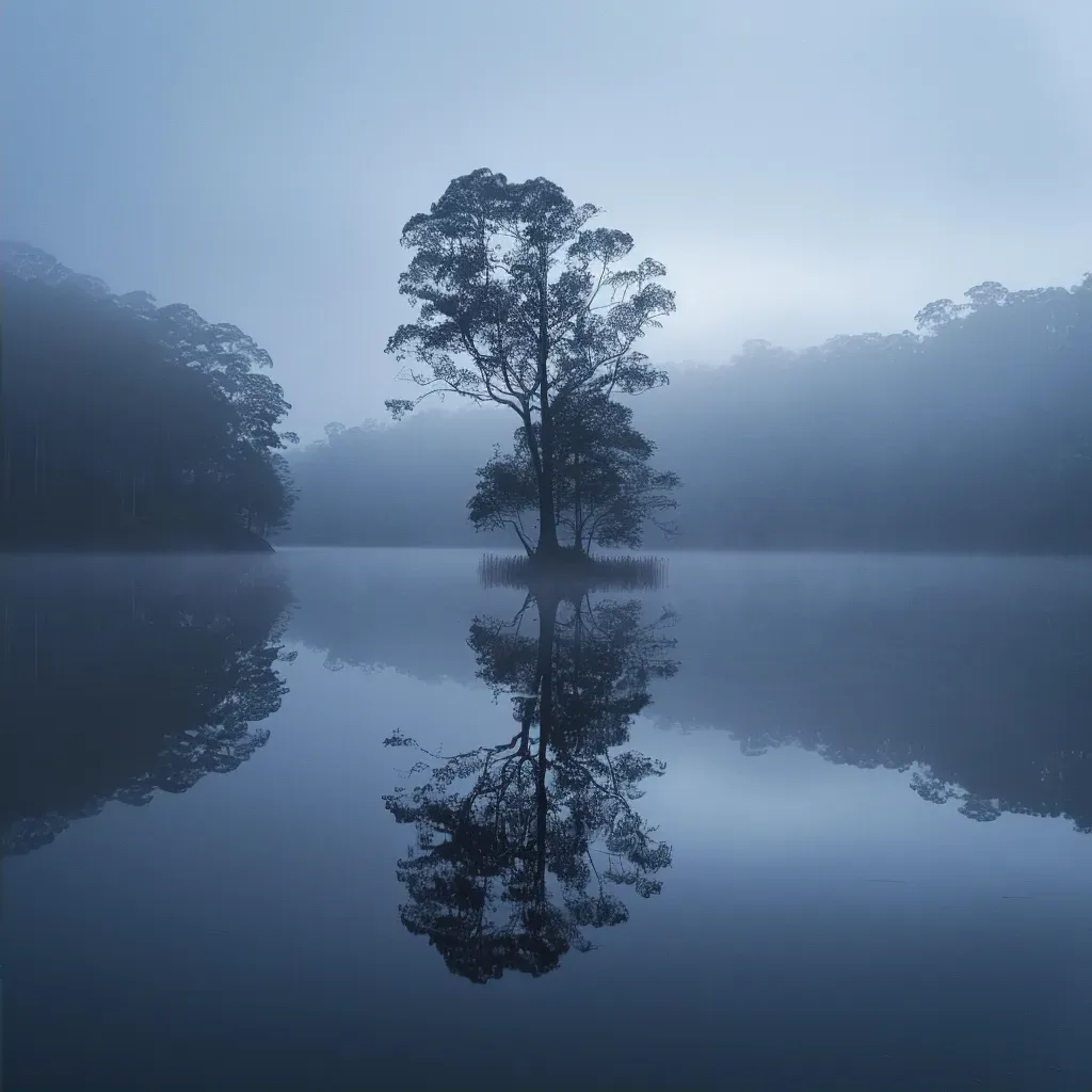 Ethereal mist over tranquil lake in black and white - Image 2