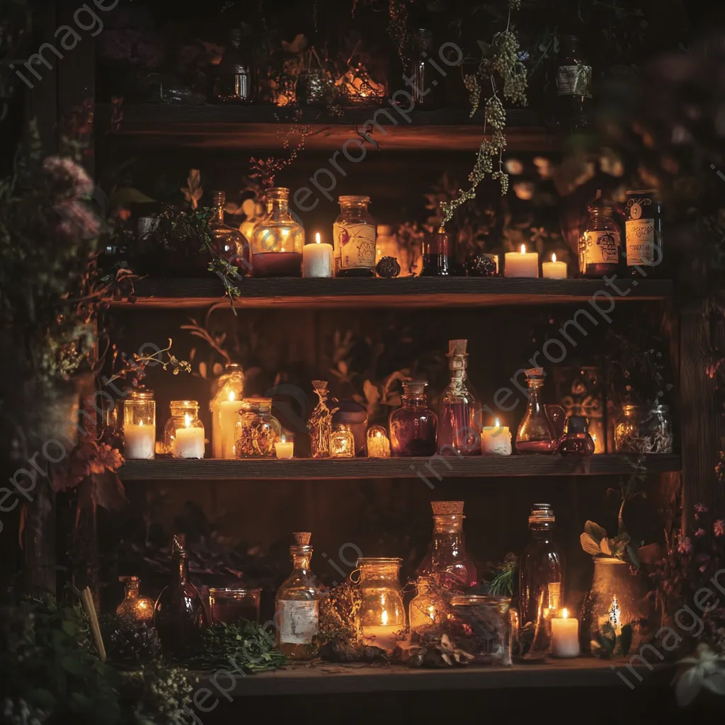 Candlelit area with potion bottles and mystical decor for Halloween - Image 1