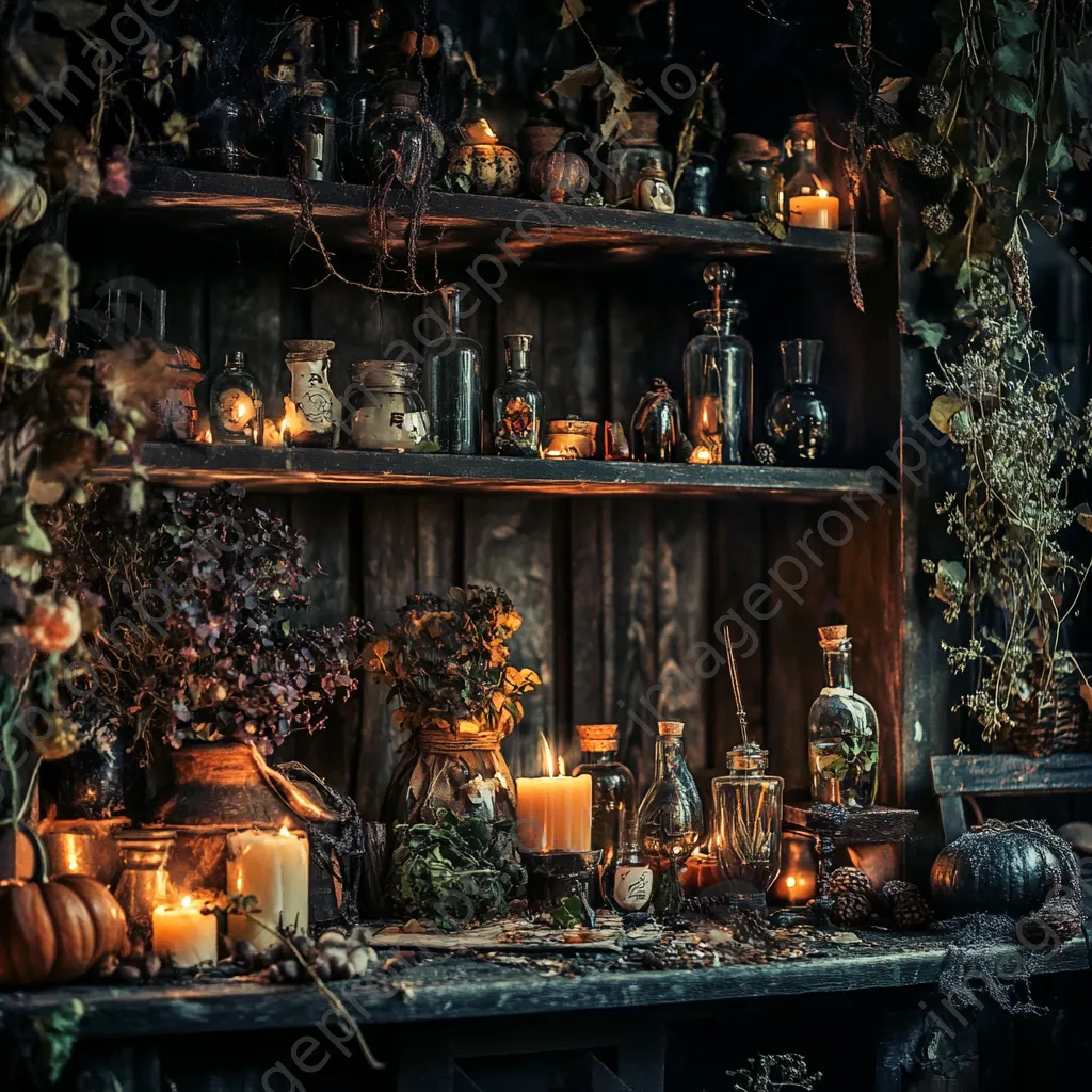 Candlelit area with potion bottles and mystical decor for Halloween - Image 2