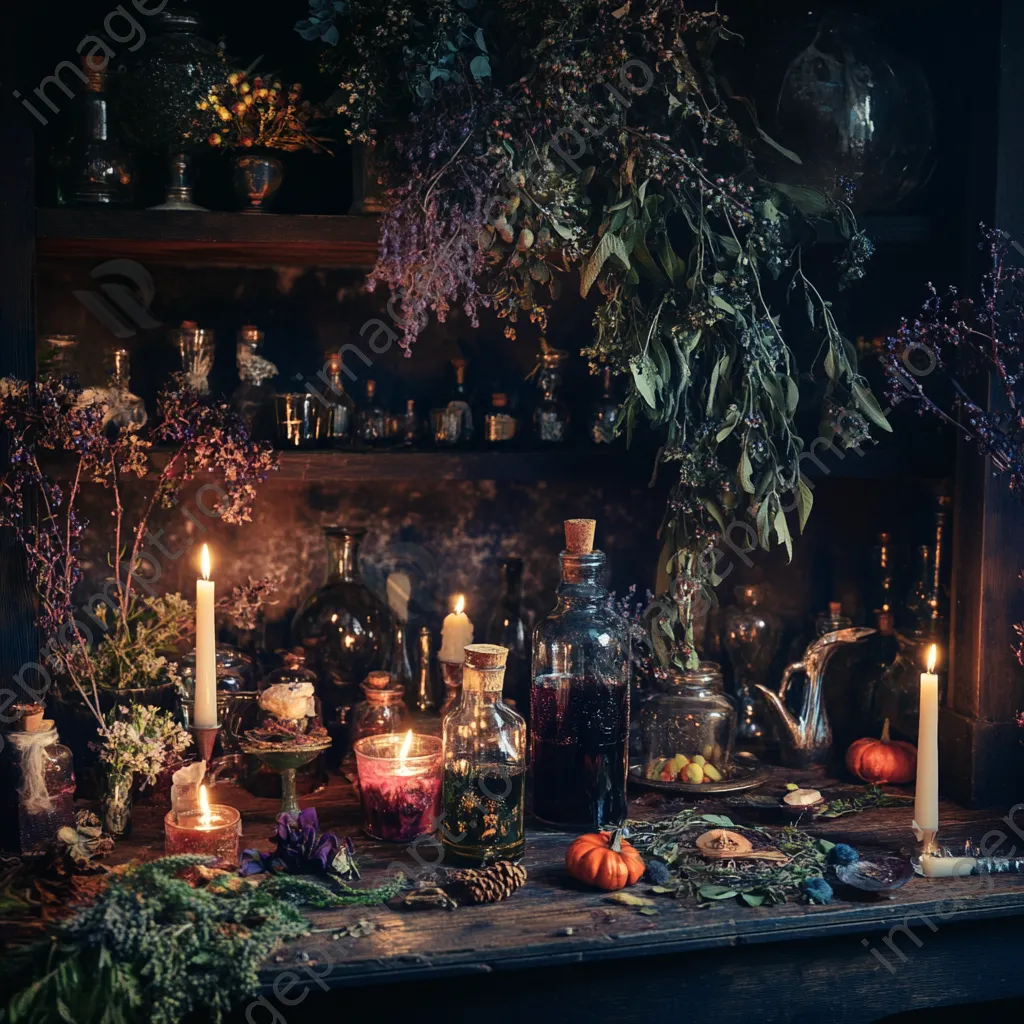 Candlelit area with potion bottles and mystical decor for Halloween - Image 3