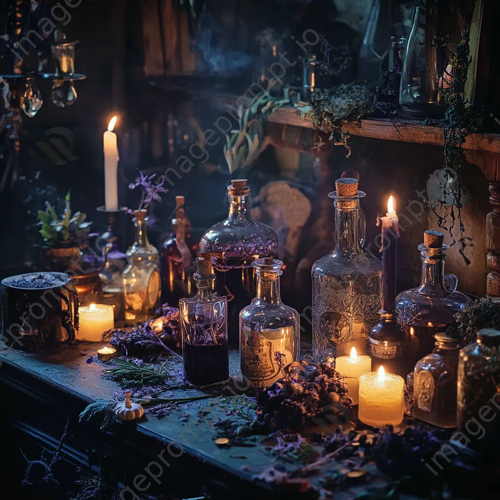 Candlelit area with potion bottles and mystical decor for Halloween - Image 4