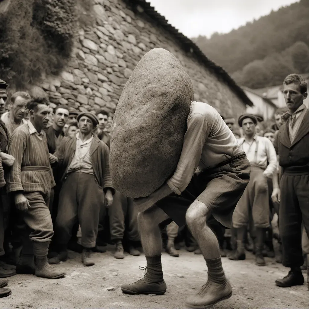 Illustration of a traditional Basque rural sports competition with a man lifting a heavy stone - Image 1