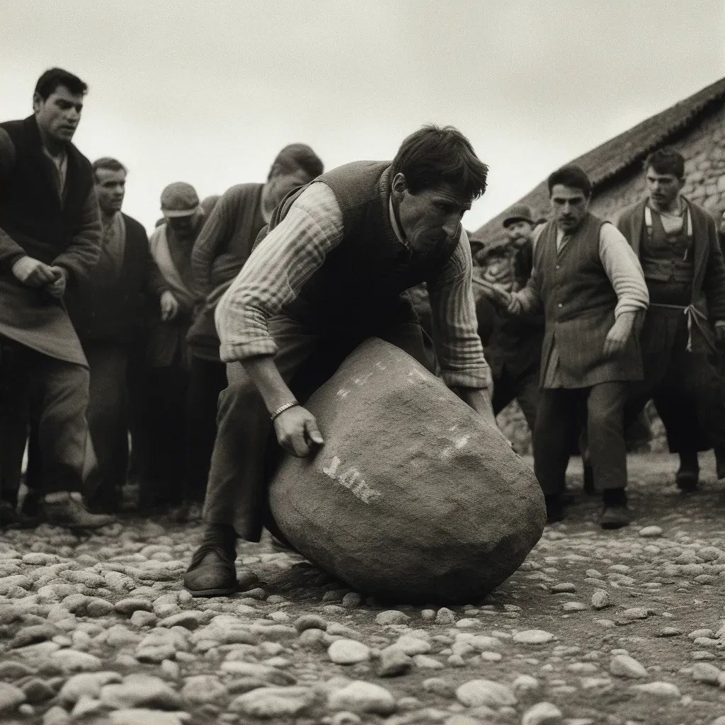 Illustration of a traditional Basque rural sports competition with a man lifting a heavy stone - Image 2