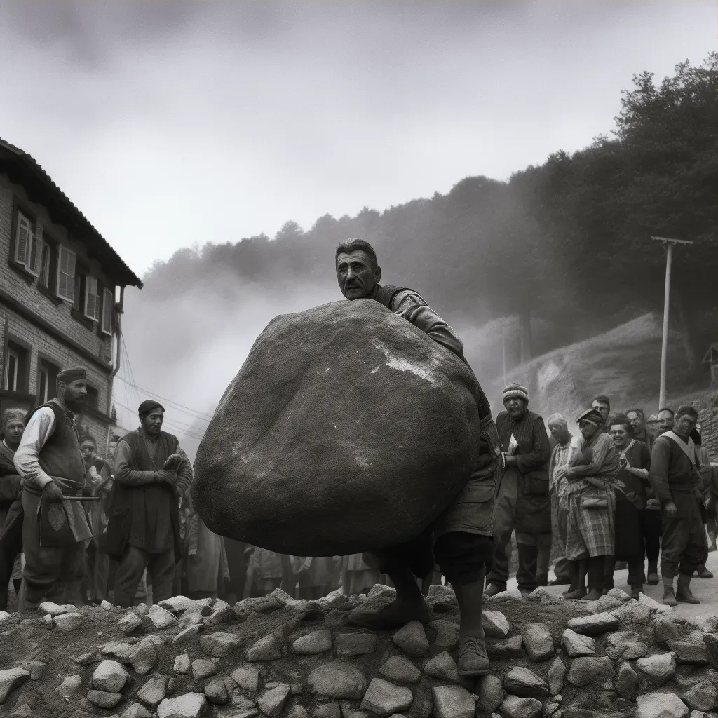 Illustration of a traditional Basque rural sports competition with a man lifting a heavy stone - Image 3