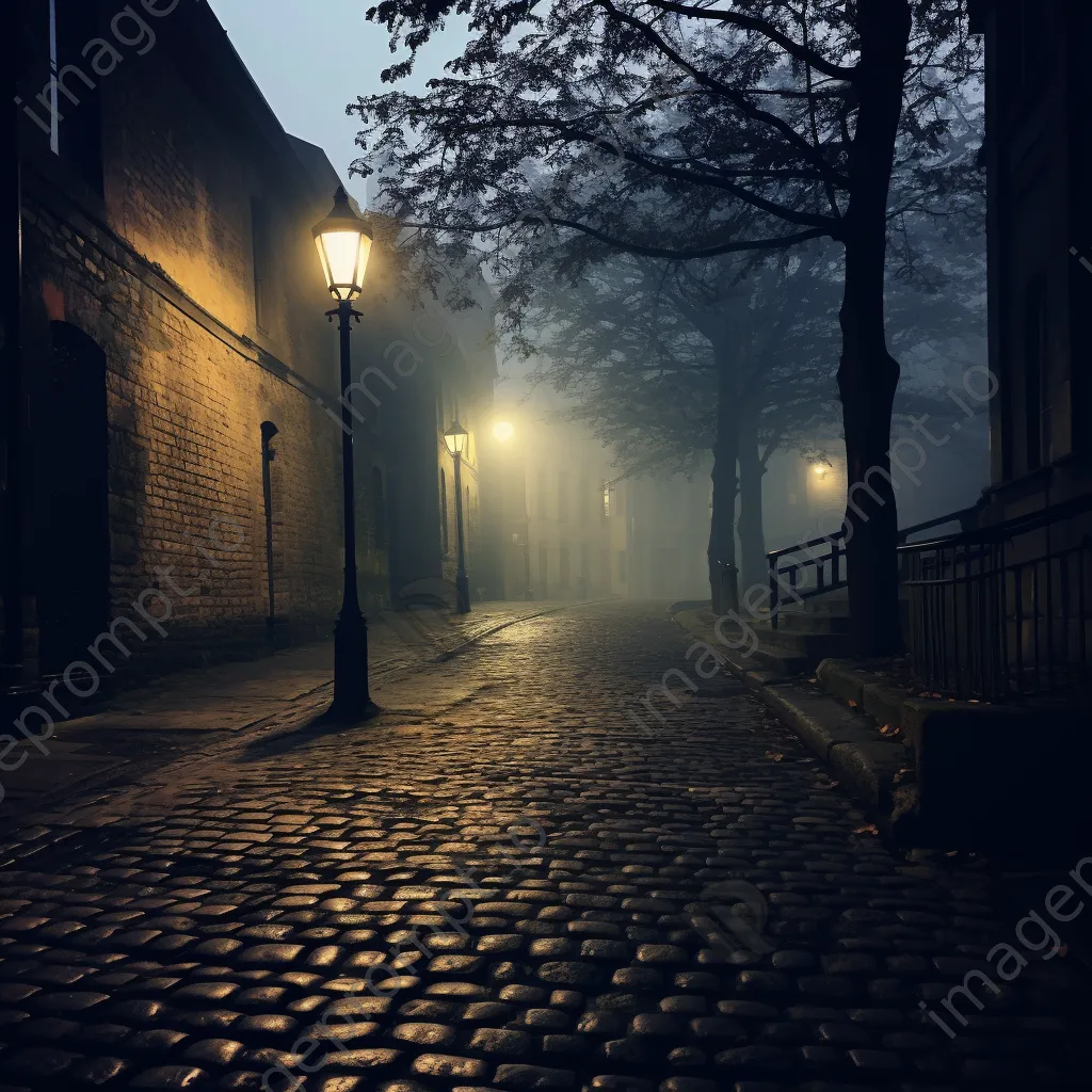 Cobblestone alley illuminated by a street lamp in fog - Image 1