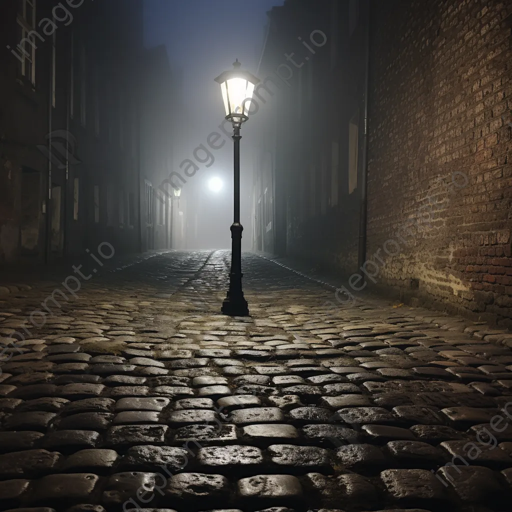 Cobblestone alley illuminated by a street lamp in fog - Image 2