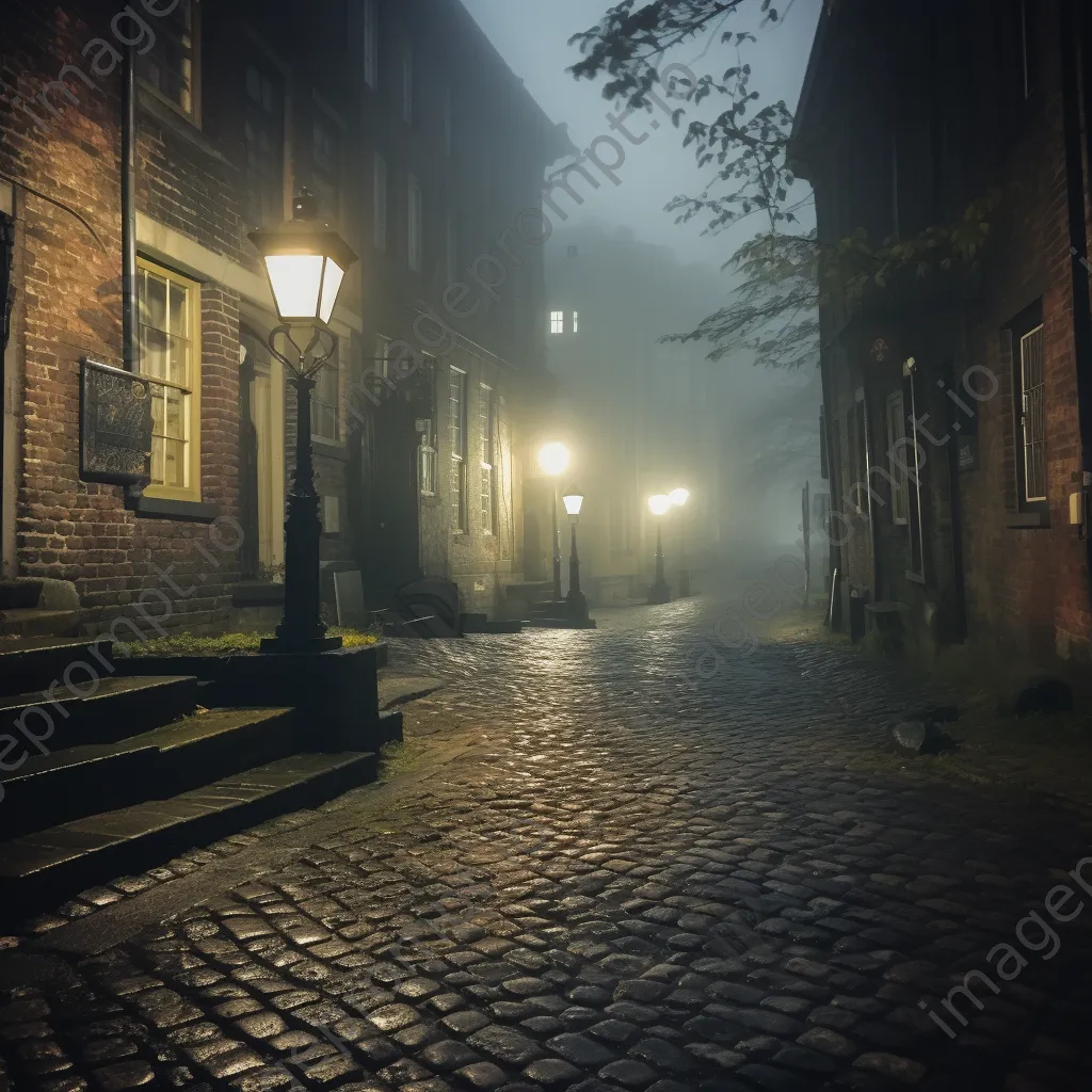 Cobblestone alley illuminated by a street lamp in fog - Image 3