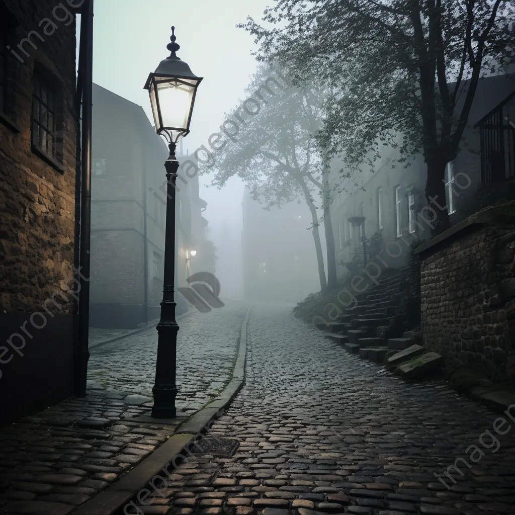 Cobblestone alley illuminated by a street lamp in fog - Image 4