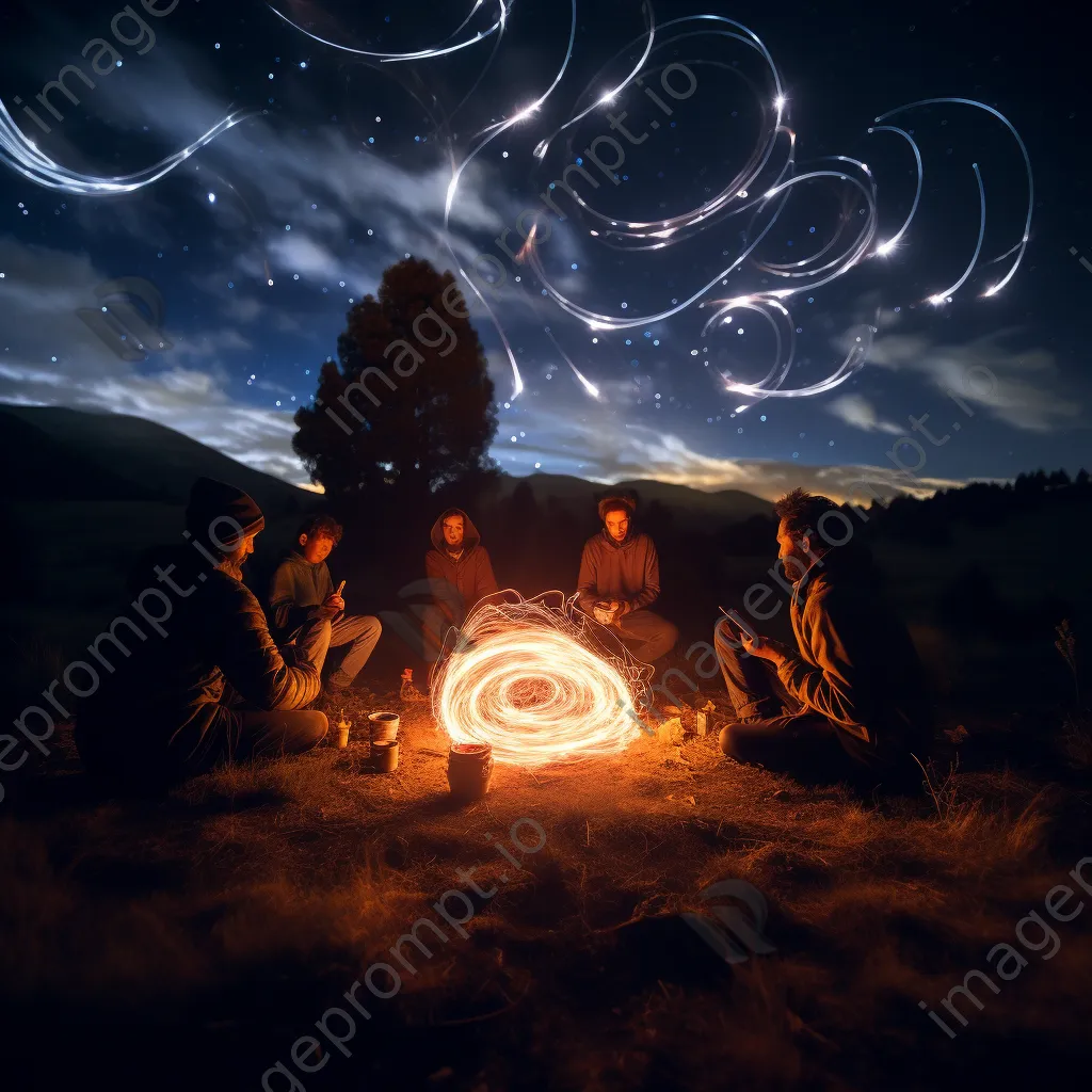 Light painting around a campfire with friends at night. - Image 1