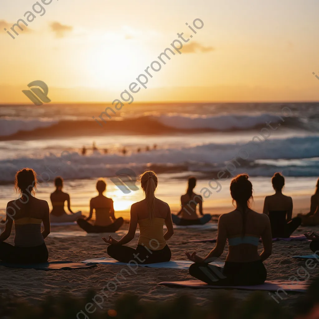 Group of individuals practicing yoga poses on the beach during sunset. - Image 1