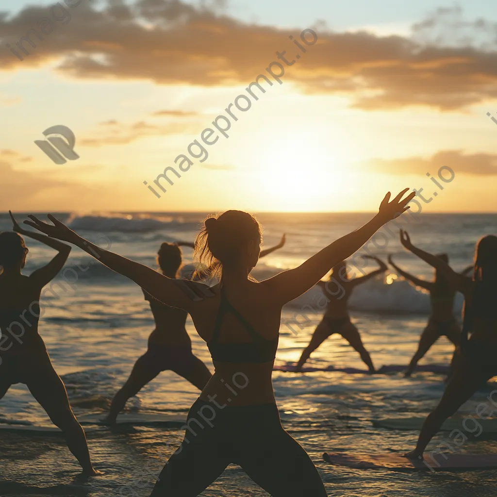 Group of individuals practicing yoga poses on the beach during sunset. - Image 3