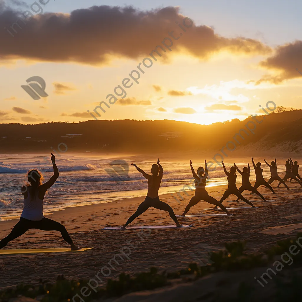 Group of individuals practicing yoga poses on the beach during sunset. - Image 4