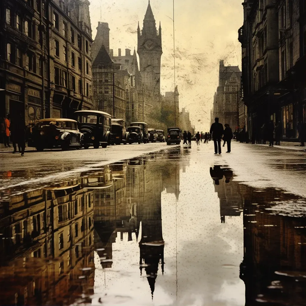 Reflection of modern city as historical cityscape in a puddle - Image 1