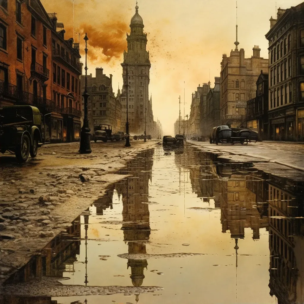 Reflection of modern city as historical cityscape in a puddle - Image 2