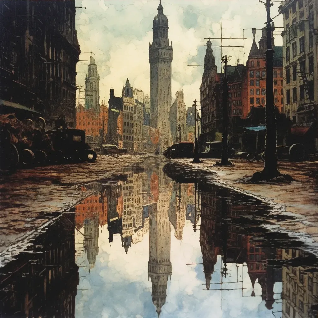 Reflection of modern city as historical cityscape in a puddle - Image 3