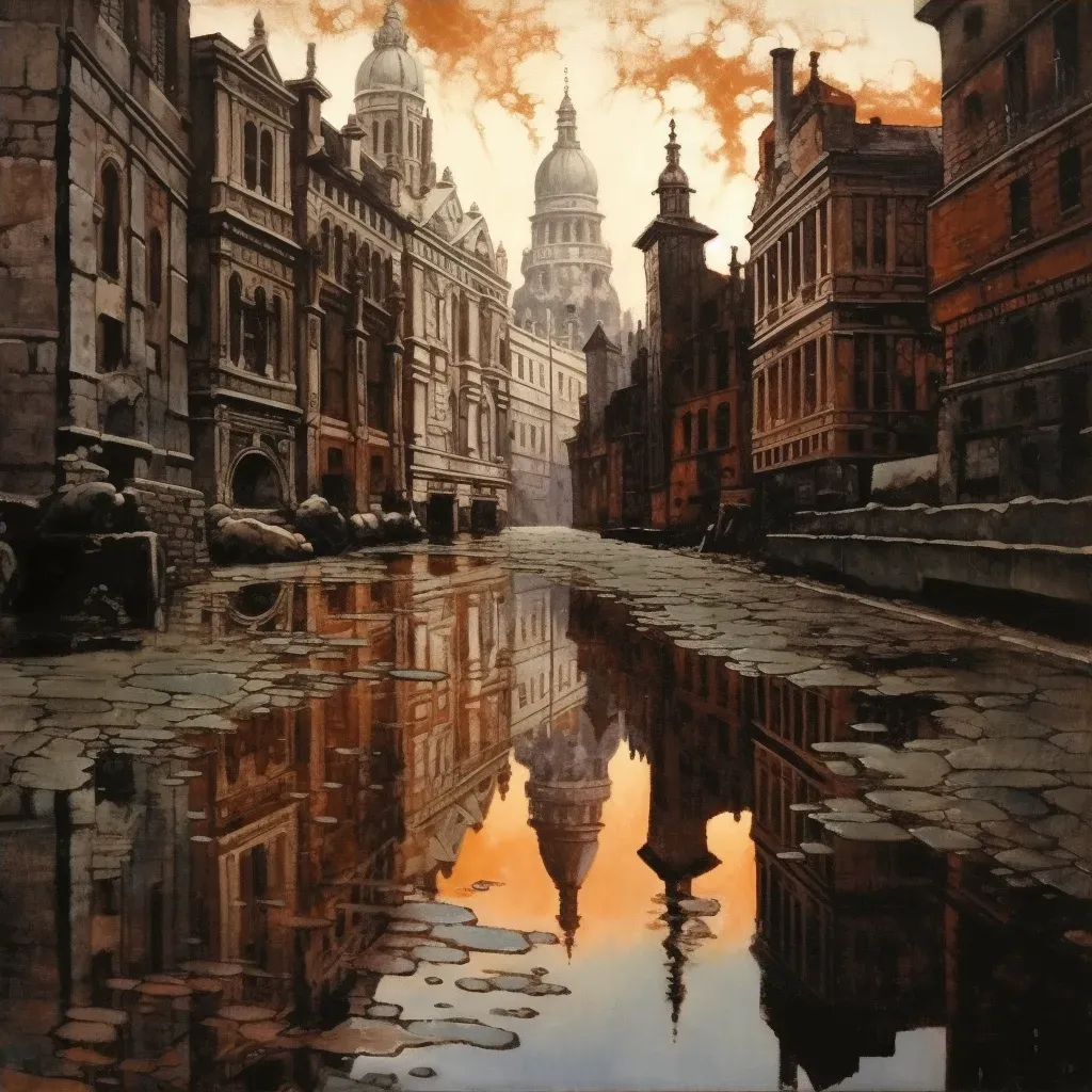 Reflection of modern city as historical cityscape in a puddle - Image 4