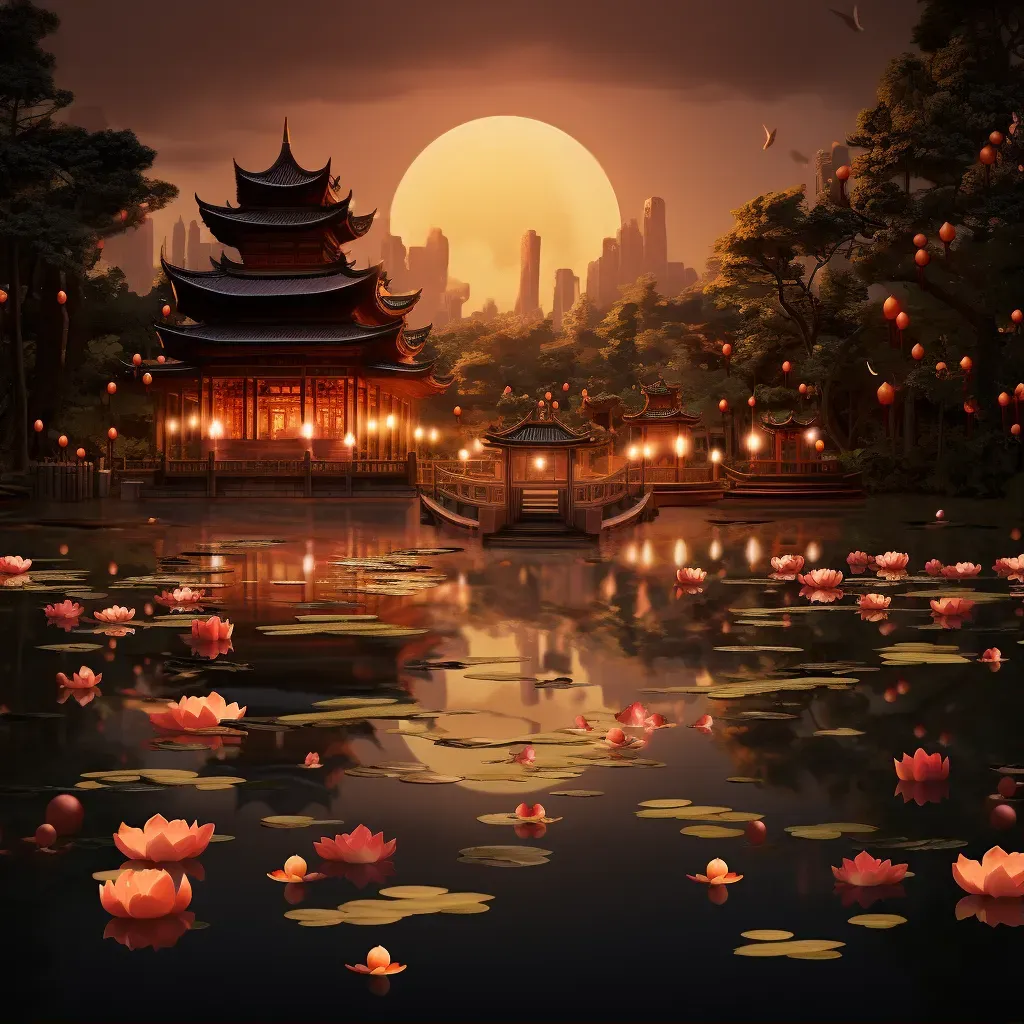 Buddhist pagoda in a lotus pond with golden statues and red lanterns during dusk - Image 1