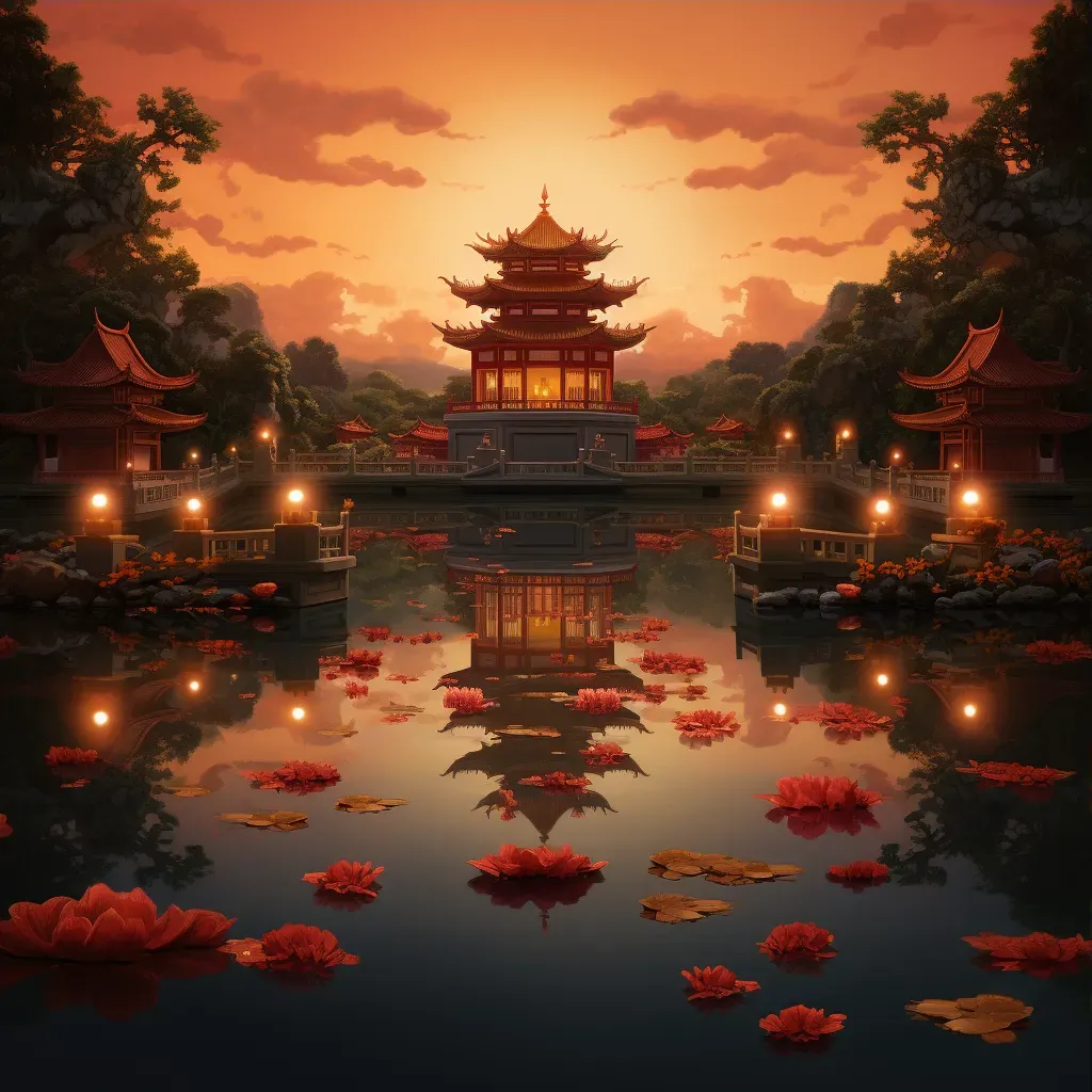 Buddhist pagoda in a lotus pond with golden statues and red lanterns during dusk - Image 3