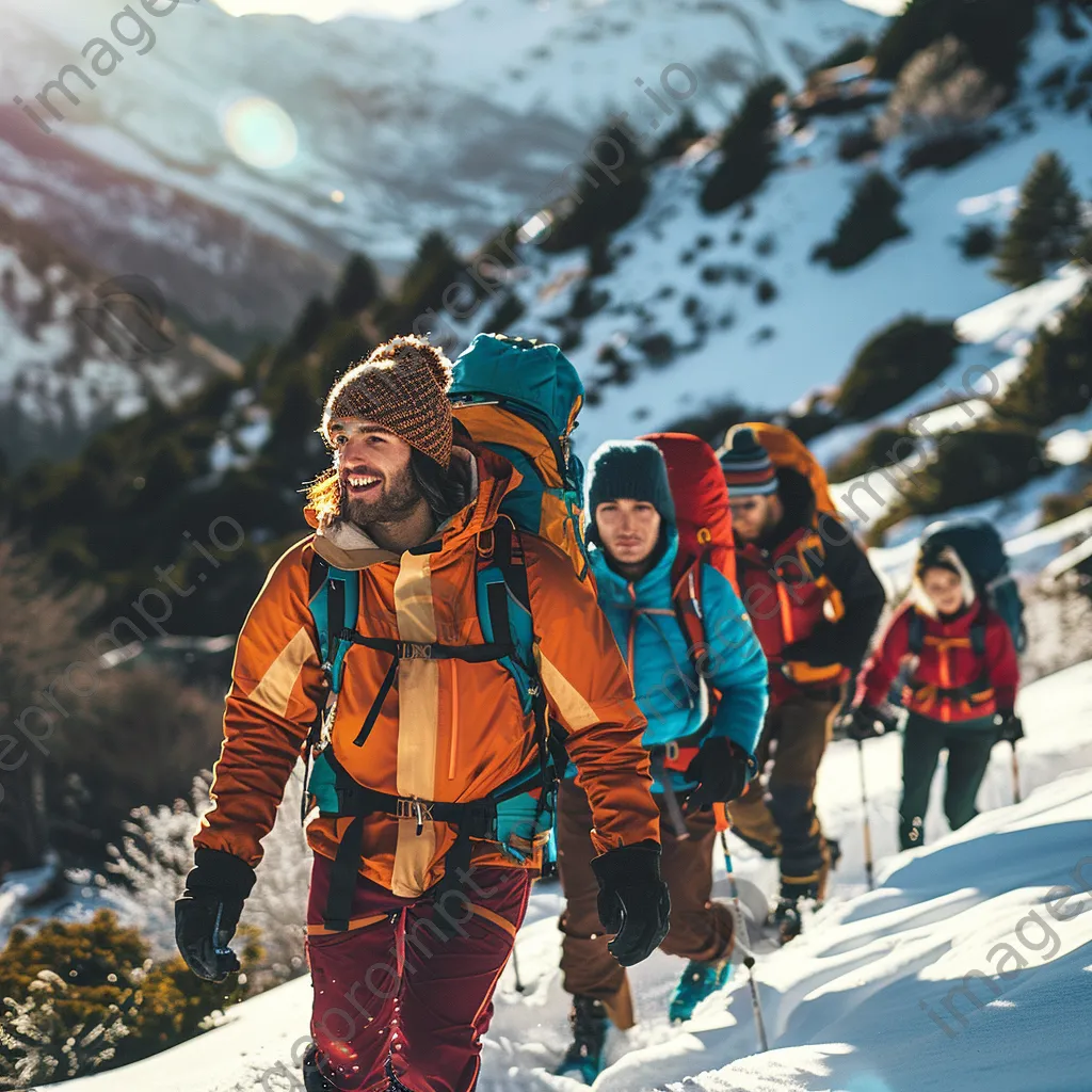 Group of friends hiking in a snowy mountain landscape - Image 1