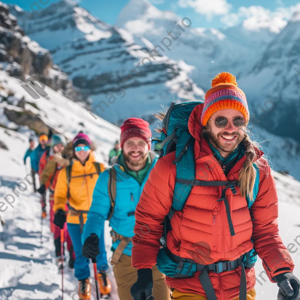 Group of friends hiking in a snowy mountain landscape - Image 2