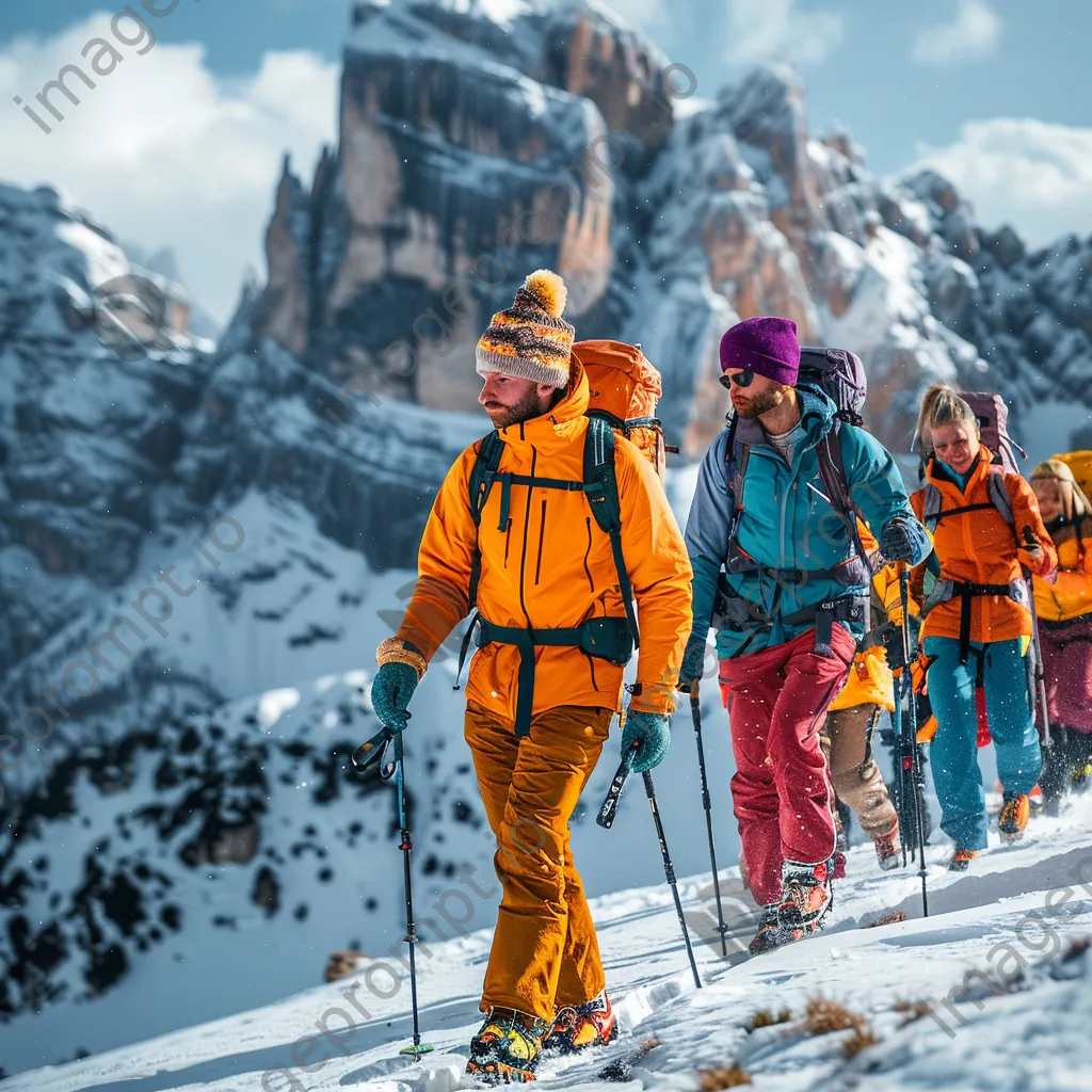 Group of friends hiking in a snowy mountain landscape - Image 3