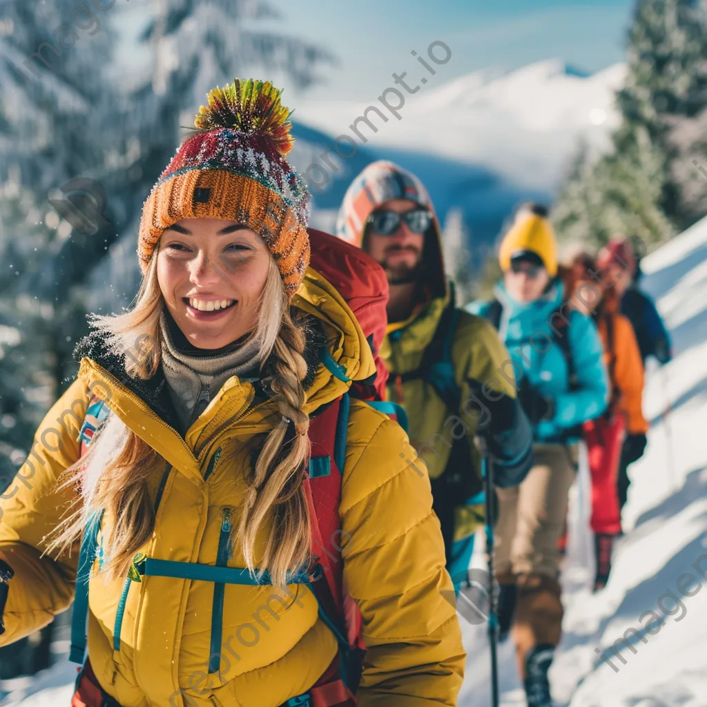 Group of friends hiking in a snowy mountain landscape - Image 4