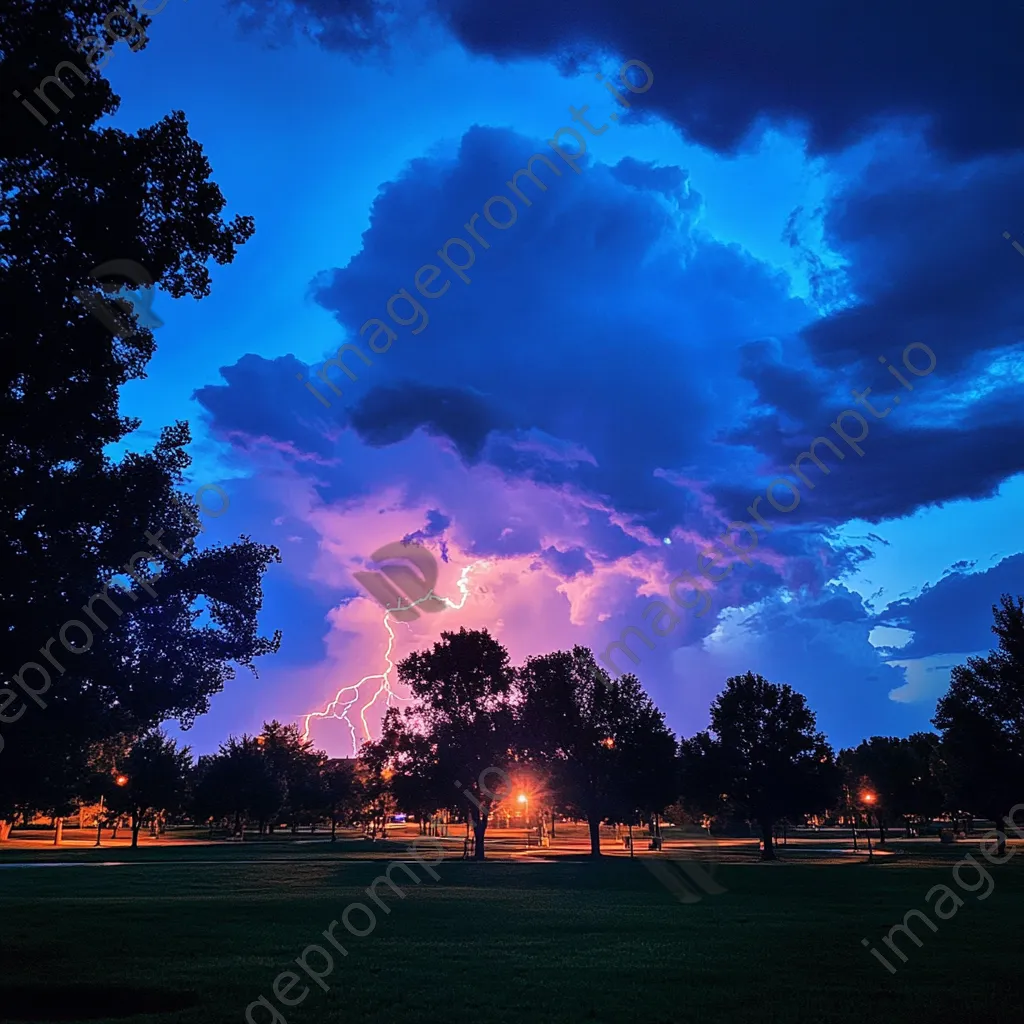 Thunderstorm with lightning during twilight over a city park. - Image 1