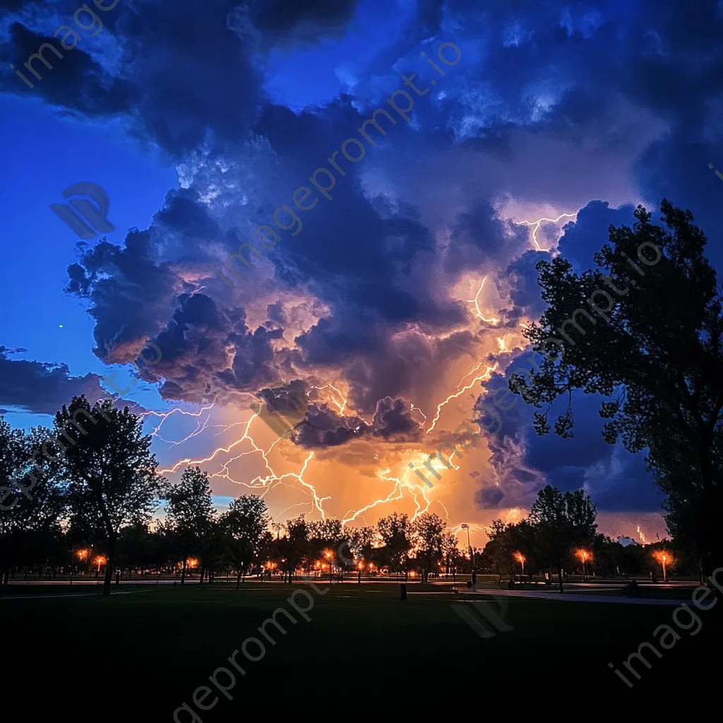 Thunderstorm with lightning during twilight over a city park. - Image 3