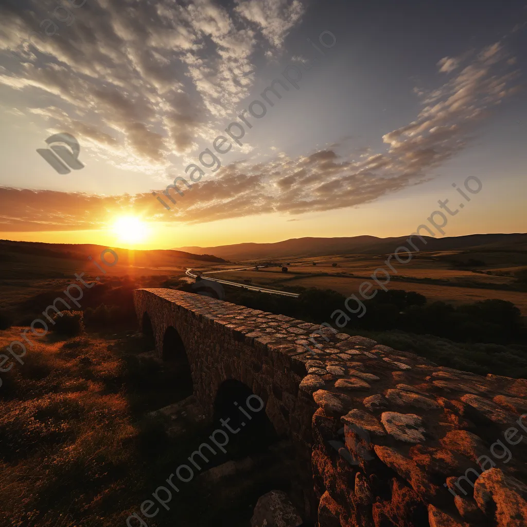 Sunset view from a stone bridge over hills - Image 1