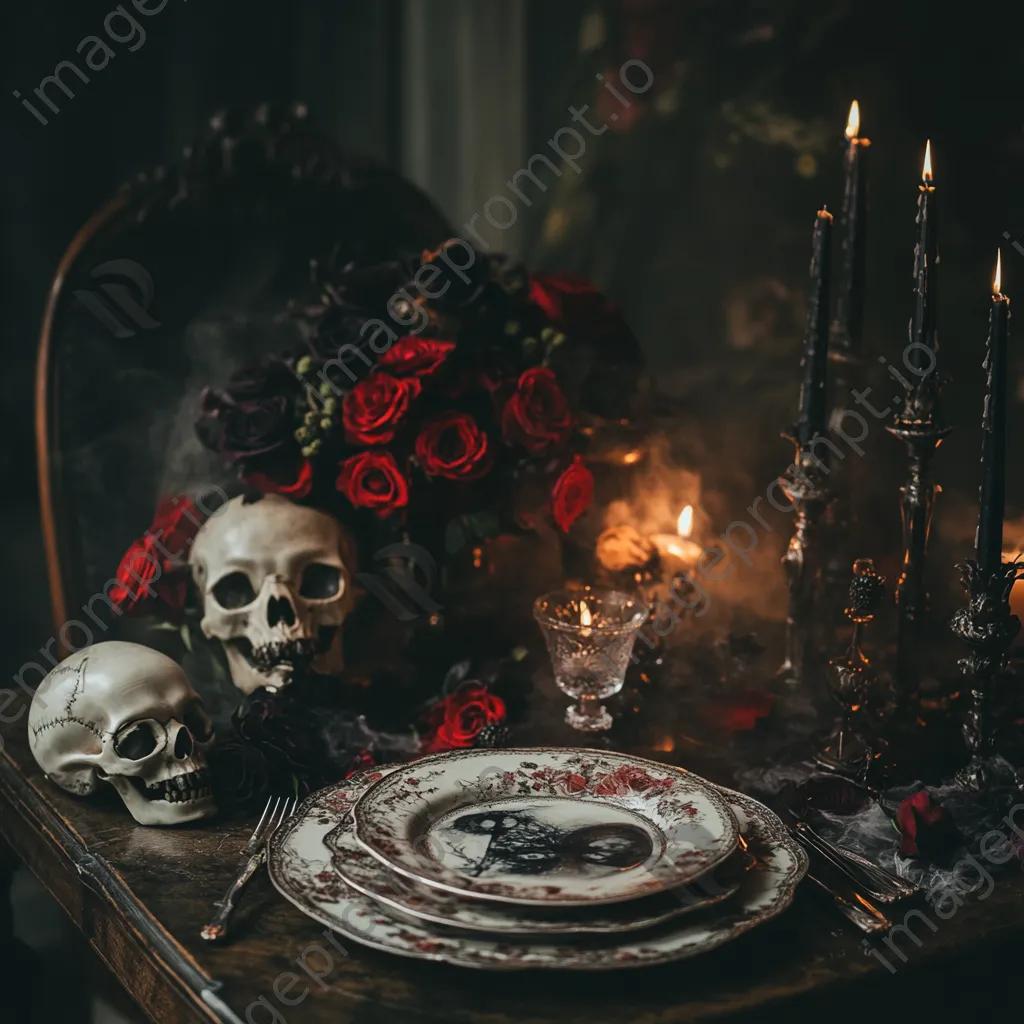 Halloween dining table with skulls and dark flowers under candlelight - Image 1