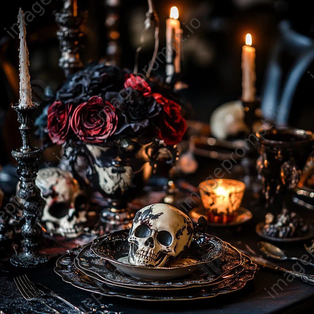 Halloween dining table with skulls and dark flowers under candlelight - Image 2