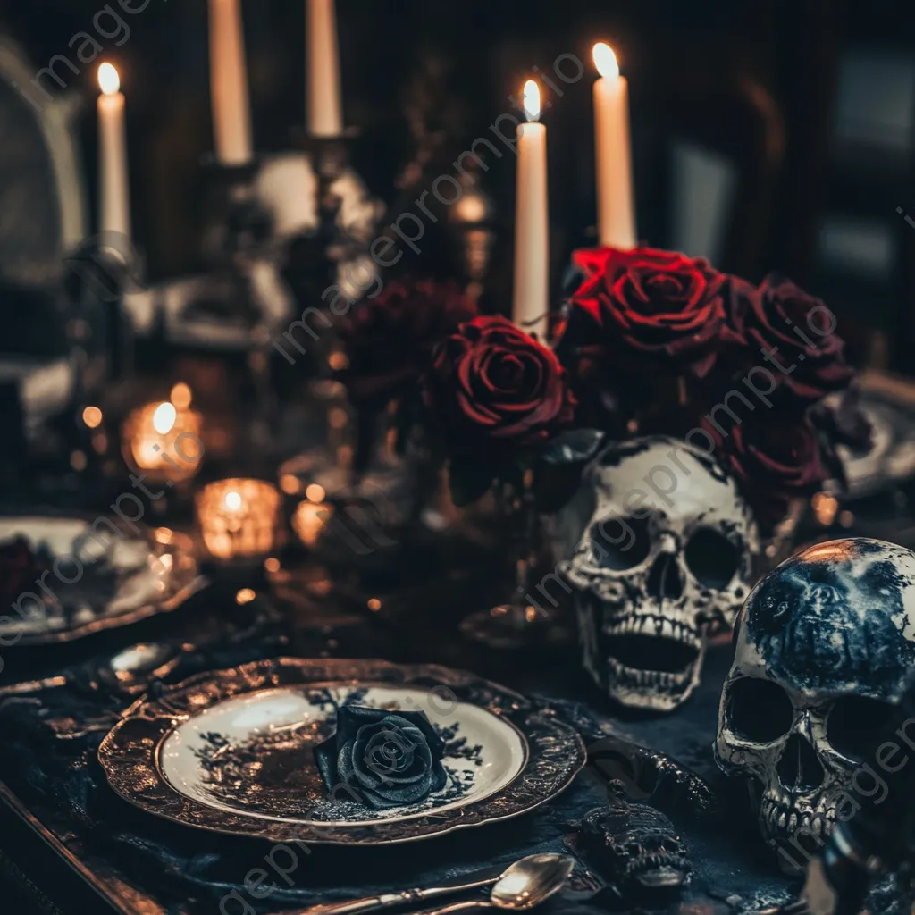 Halloween dining table with skulls and dark flowers under candlelight - Image 4