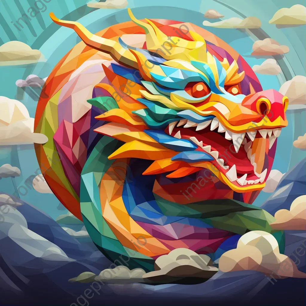 Intricate low poly Chinese dragon soaring amidst clouds - Image 1