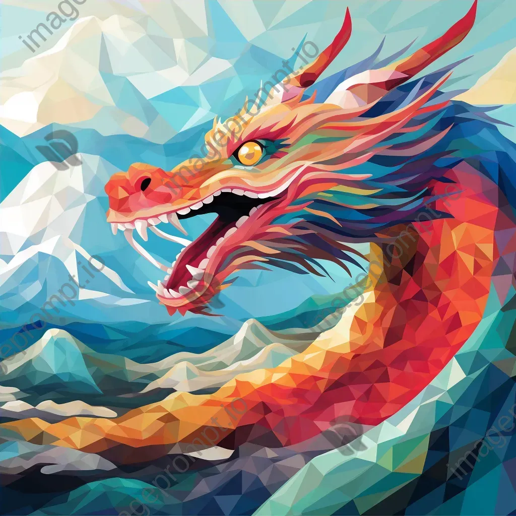 Intricate low poly Chinese dragon soaring amidst clouds - Image 4