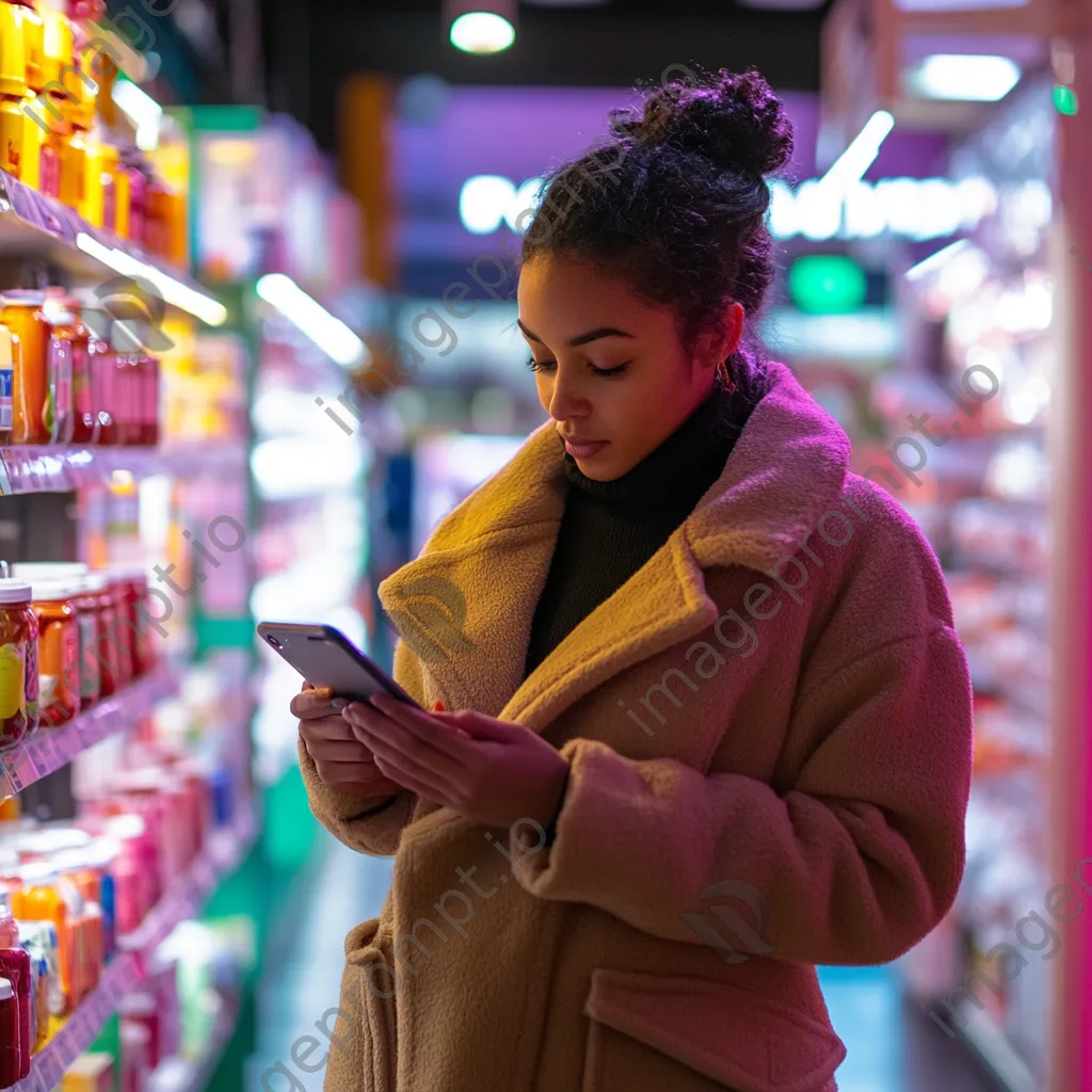 Woman comparing prices on her smartphone while shopping in a colorful store. - Image 2