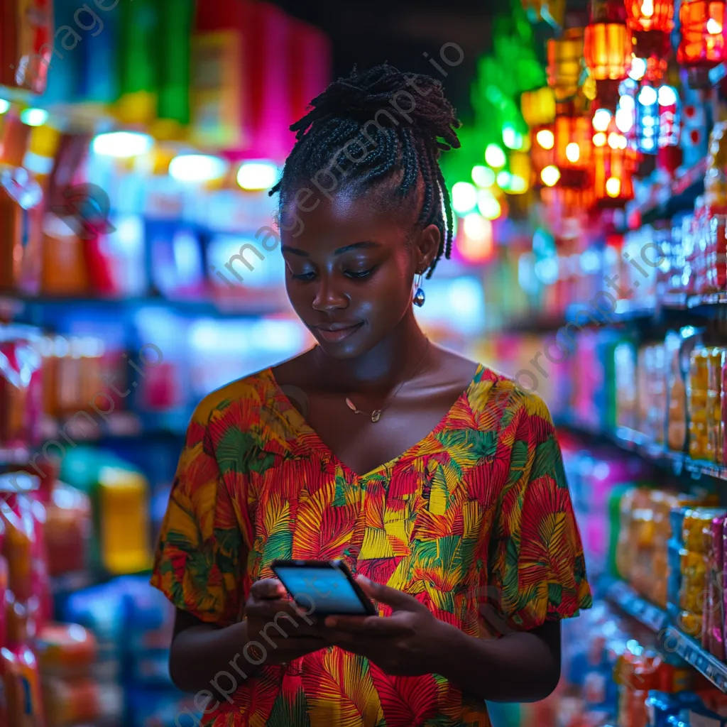 Woman comparing prices on her smartphone while shopping in a colorful store. - Image 3